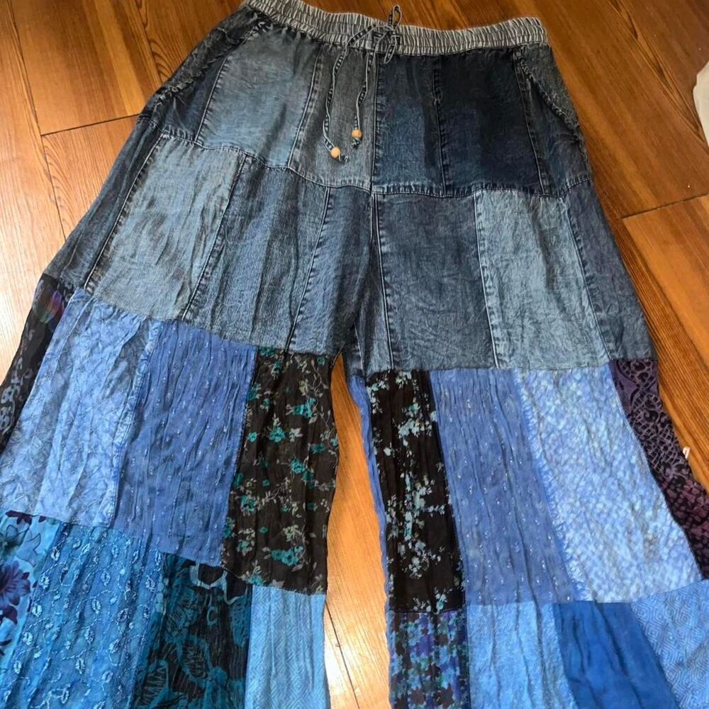 Woman's Denim Patchwork Mixed Media Rayon Wide Leg Pants SZ L - Picture 5 of 5